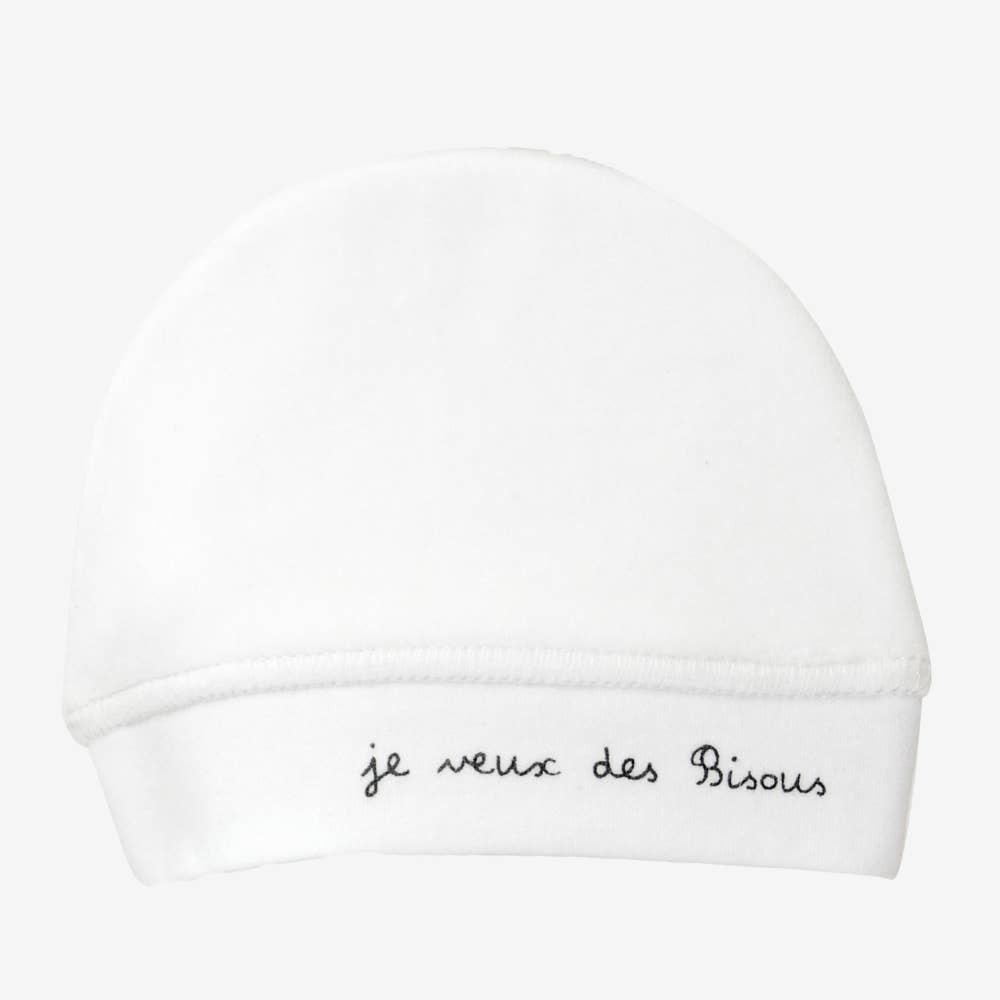 Bonnet Naissance Blanc "je veux des Bisous"