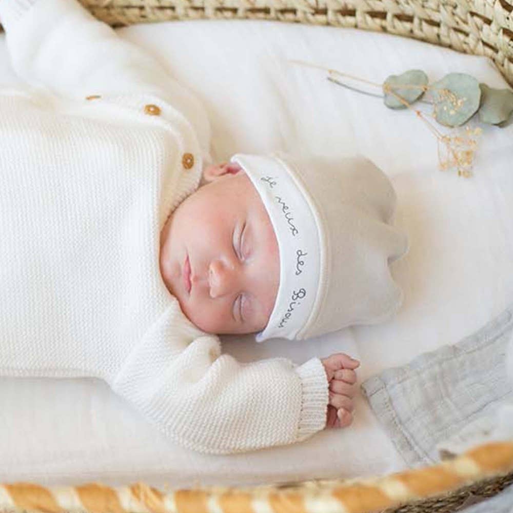 Bonnet Naissance Blanc "je veux des Bisous"